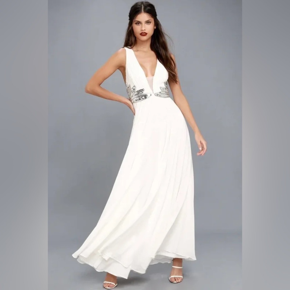 Lulu's White and Silver Maxi Dress